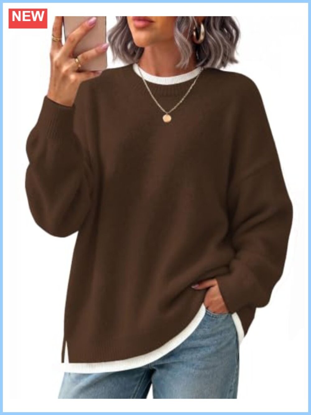 Womens Oversized Pullover Sweater Mock Layer Knit Long Sleeve Faux Fur